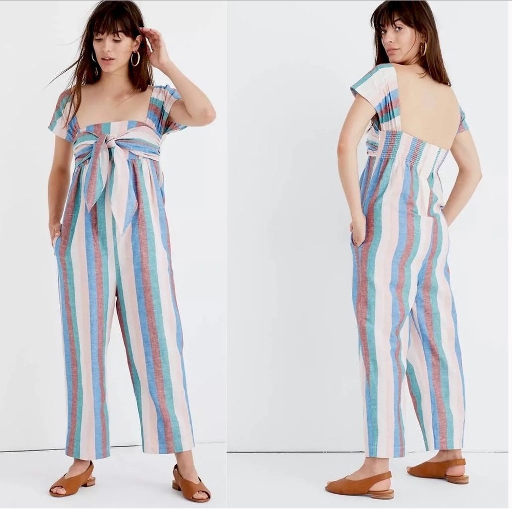 Madewell Linen Cap-Sleeve Tie Jumpsuit in Flagstaff Stripe print NWT Size 4